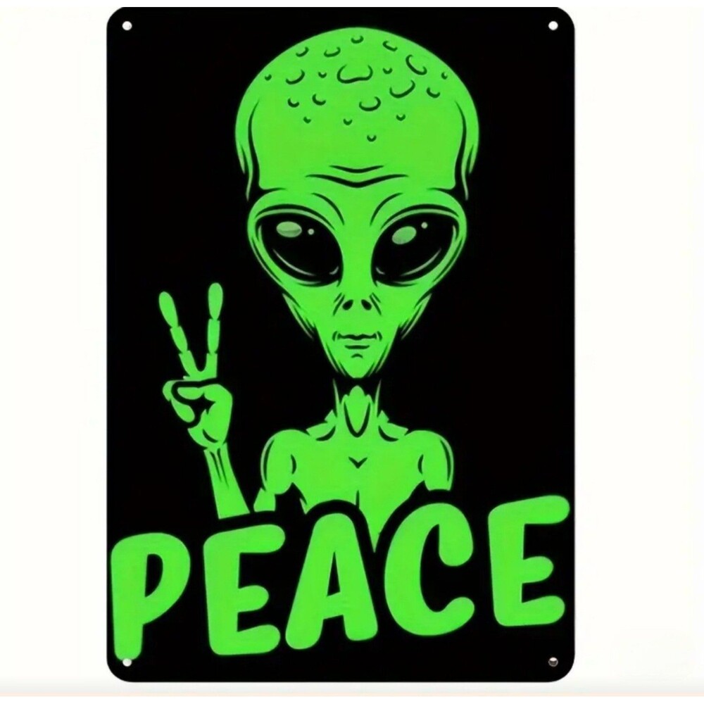 Alien Peace Sign‎ Metal Tin Sign Wall Art Retro Vintage Decor 8x12 Inch